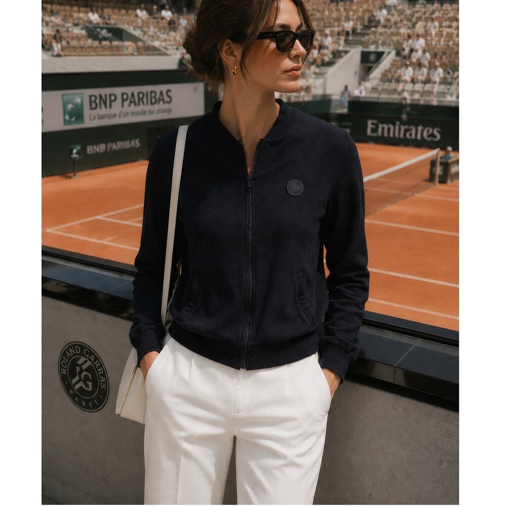 Roland Garros Paris Tennis Navy Bomber Sweatshirt Women XS 100% Combed Cotton